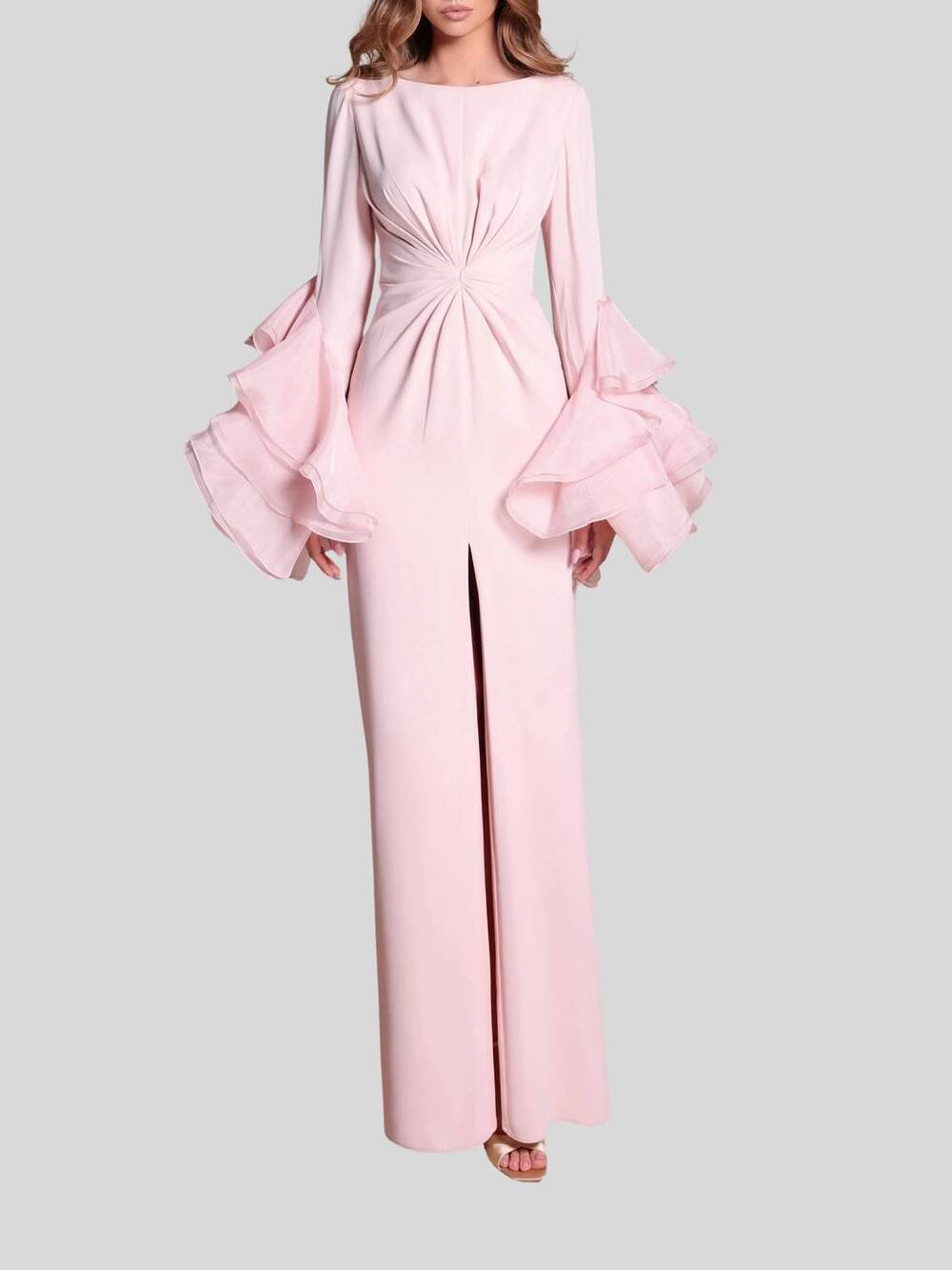 NEW TARIK EDIZ justo dramatic tiered ruffle sleeves dress in ice pink
